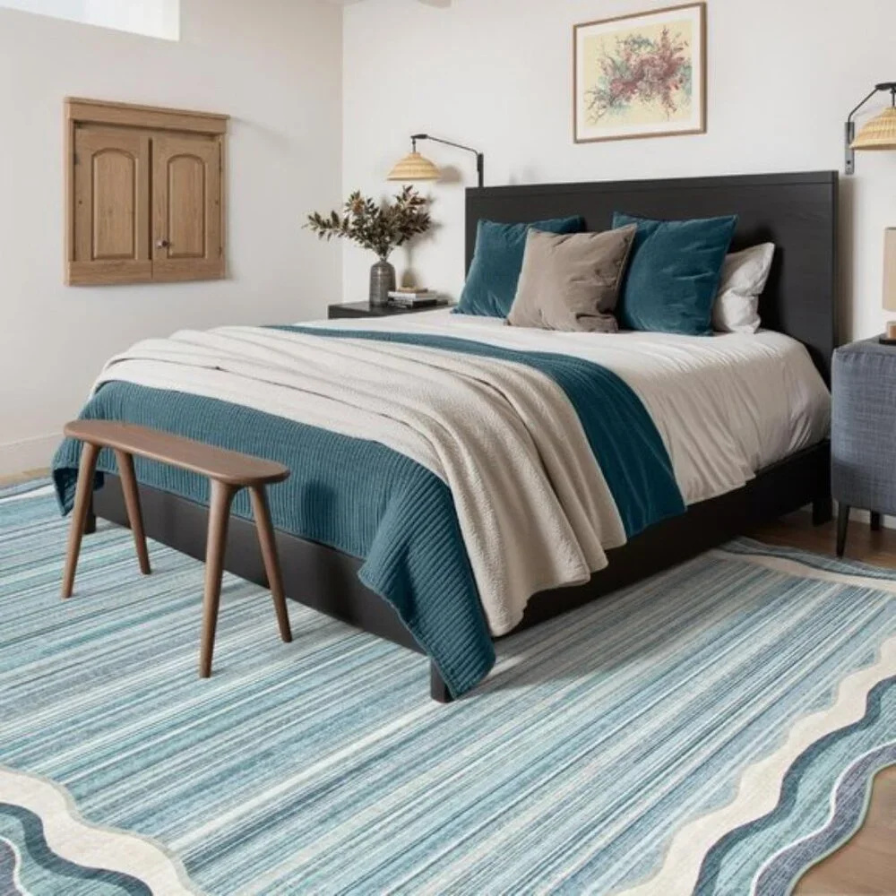 New 5x7 Blue Scalloped Rug, Washable, Non-Slip, Soft Modern Carpet for Bedroom